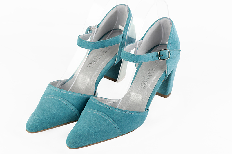Aquamarine blue women's open side shoes, with an instep strap. Tapered toe. Medium block heels. Front view - Florence KOOIJMAN